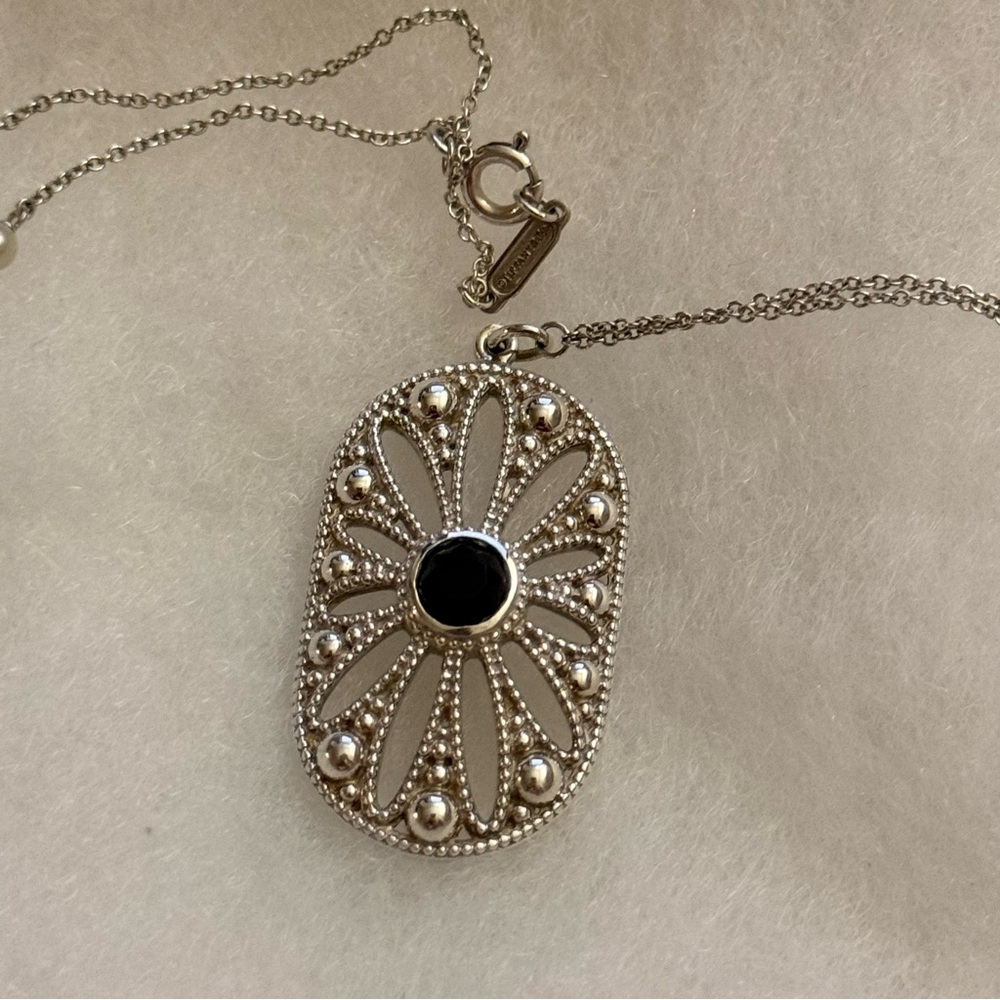 Tiffany & Co. Ziegfeld Daisy Collection Silver Pearls & Onyx Necklace View 2